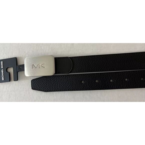 Michael Kors 86S3SBLY7U Men Sz 30 Black MK Silver 31mm Fast MK Plaque Belt - Picture 2 of 5